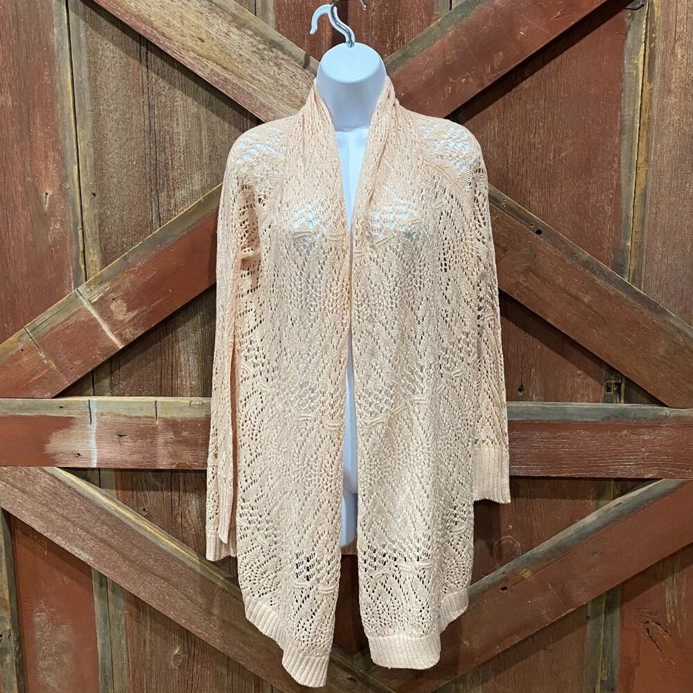 Tahari Open Knit Crochet Cardigan Women‎ XS Peach Cotton Cottage Core Open Front
